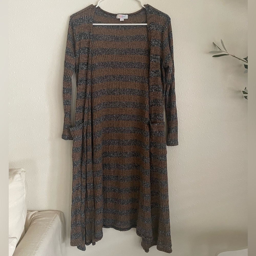 LULAROE Sarah Duster Cardigan Brown Gray Ribbed Size Small